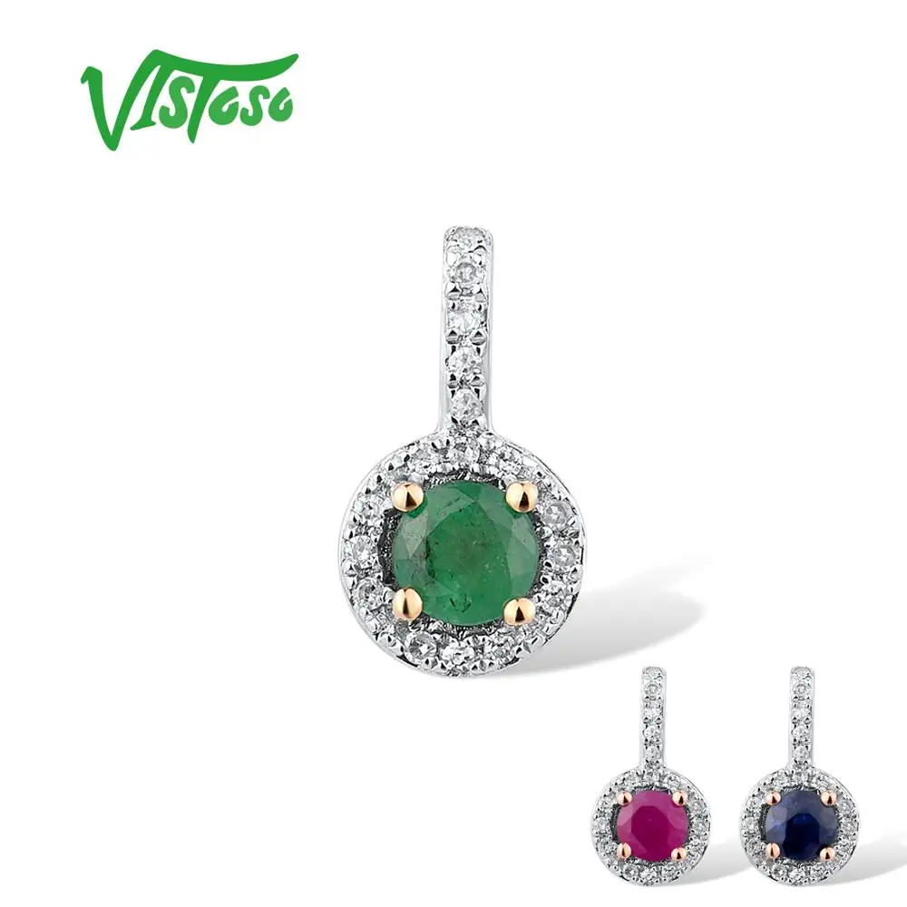 VISTOSO Pure 14K 585 Yellow/Rose Gold Pendant For Women 4mm Natural Emerald/Ruby/Sapphire Sparkling Diamond Elegant Fine Jewelry