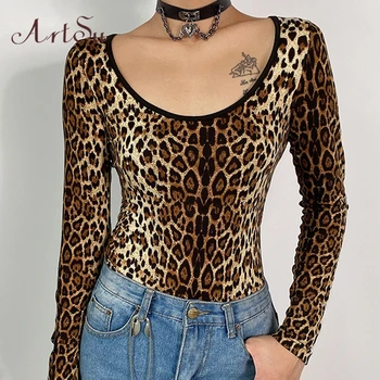 

ArtSu Sexy Leopard Pinted Cotton Bodycon Bodysuits Women Long Sleeve Round Neck Casual Body Suit Autumn Winter Clothes ASJU60505