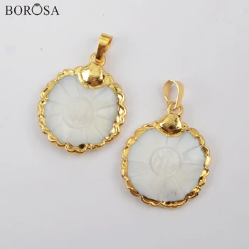 

BOROSA 10Pcs Gold Plating Round Flower White Shell Pendant Hand Carved Natural Shell Pendant Beads for Earring Making G1905