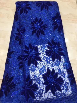 

Popular party royal blue French net lace fabric Latest tulle lace textile with sequins for lady dress PAN148(5yards/lot)
