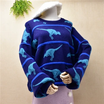 

2020 women ladies warm clothes blue color animal image loose fashion 100% wool hand knitted sweater top quality pullover coat