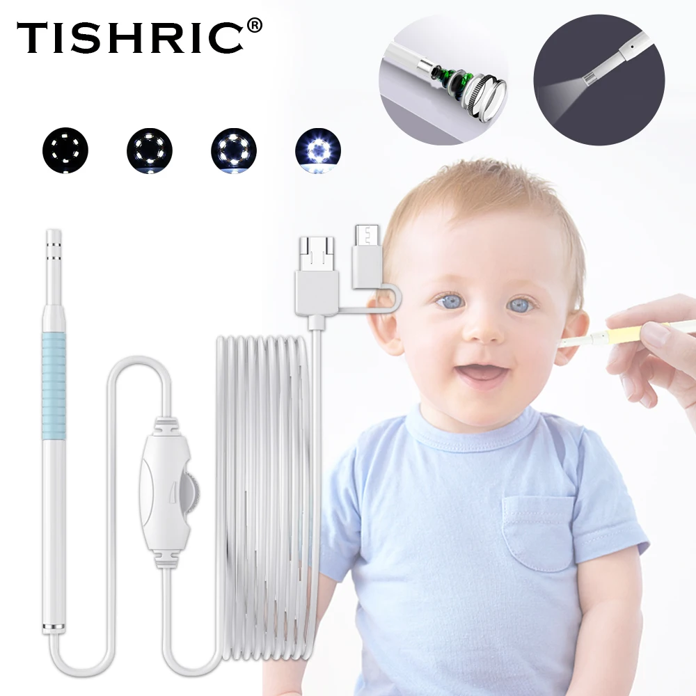 TISHRIC-MINI cámara endoscópica de limpieza de orejas para teléfono inteligente, otoscopio médico Digital, USB, HD, Visual, 5,5mm, 0.3MP