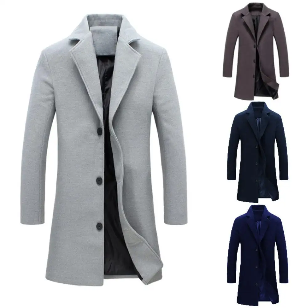 Fashion Men Winter Solid Color Long Woolen Coat Single Breasted Jacket Warm Overcoat Fashion Men Winter Solid Color Long Woolen Coat Single Breasted Jacket Warm Overcoat