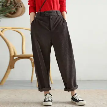 

S 5XL ZANZEA Vintage Casual Wide Leg Pants Spring Corduroy Turnip Trousers Women Solid Long Harem Pantalons Femme Streetwear