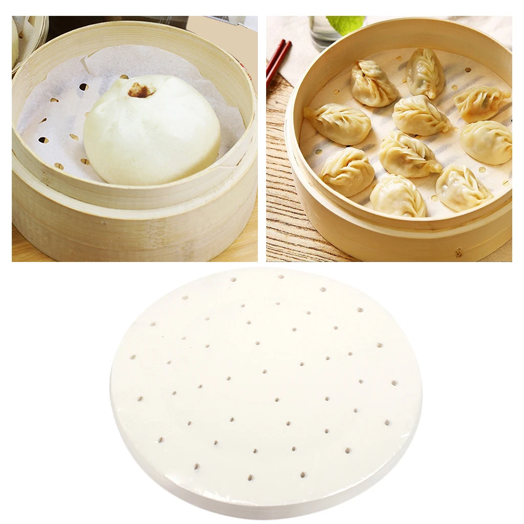 100pcs/set 4-9.5inch Perforated Bamboo Steamer Mat Liners Steamed Bun Baking Sheets