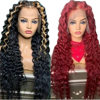 

Red Deep Wave Full Lace wigWith Baby Hair Glueless Remy Brazilian Ombre highlight Blonde 360 13x6 13X4 Lace Front Human Hair wig