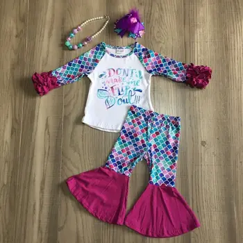 

children Girls fall outfit girls mermaid outfits girl bell bottom pants girl don't make me flip out set with bow and necklace