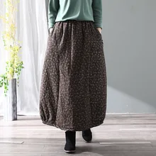 Этнический стиль, винтажная хлопковая прошитая Толстая юбка, женская Свободная Повседневная Теплая юбка с цветочным принтом, зимняя хлопковая юбка