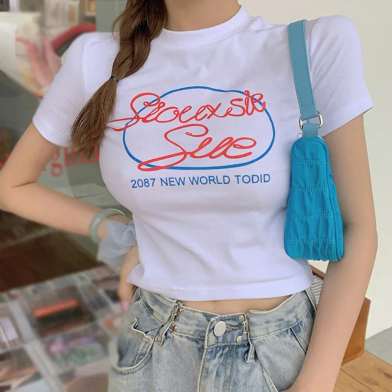 

Woman's Tops Female Summer Casual Fashion Letter Print Round Neck Short Sleeve White Thin Bottoming Wear Short T-Shirts Tops