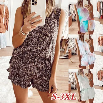 

Women's Pajamas Set Tie Dye Sleeveless Two-Piece Nightwear Top and Ruffle Shorts Set
