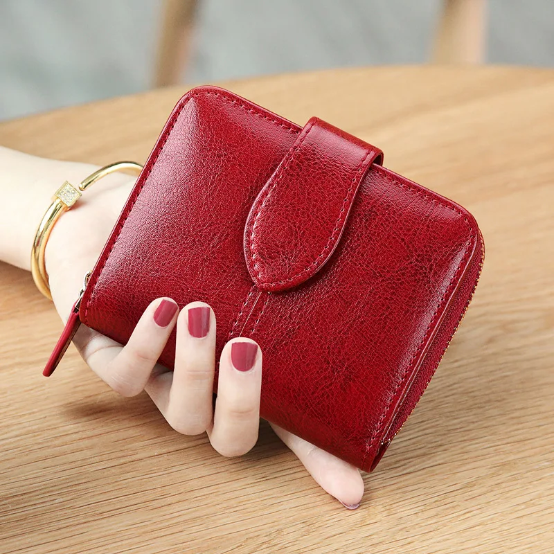 

Brand Wallet Women Oil Wax Genuine Leather Wallet Short Slim Bifold Small Change Purse Female Zipper Coin Purse Card Holder