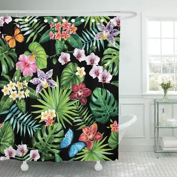 

Colorful Tropic Palm Leaves Tropical Flowers and Butterflies Green Shower Curtain Waterproof Fabric 60 x 72 Inches Set with Hook