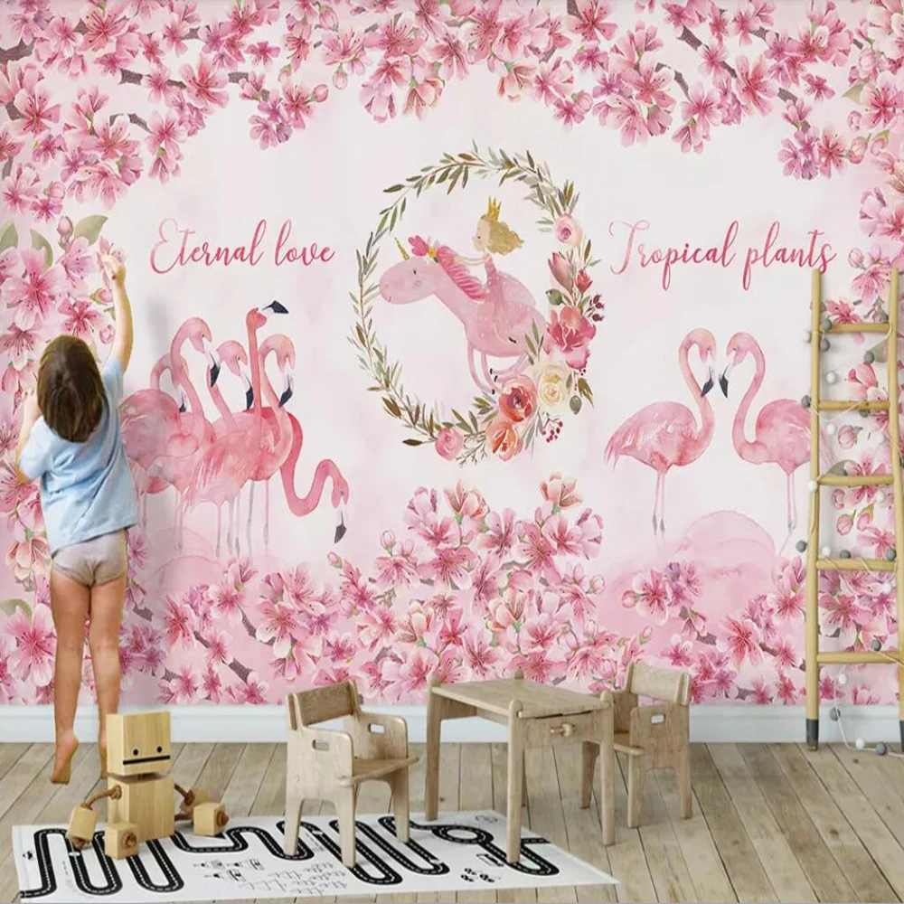 

Dropship Custom Large 3D Wallpaper Mural Pink Cherry Unicorn Flamingo Background Wall Decoration Wallpaper Mural