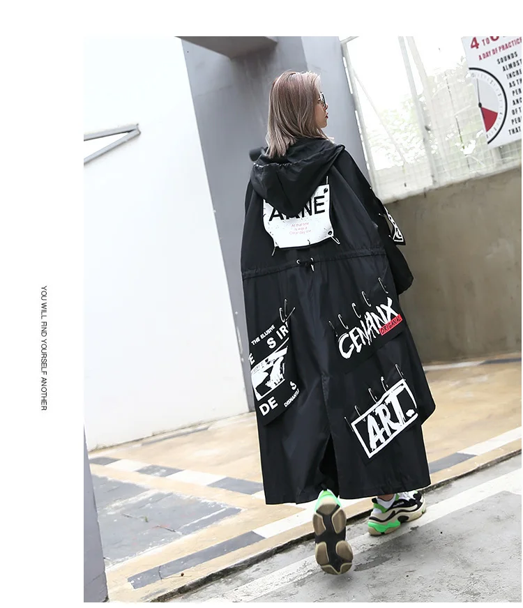 Vefadisa женская черная длинная куртка с буквенным принтом, ветрозащитное пальто, осенняя Женская куртка с капюшоном DQ0104