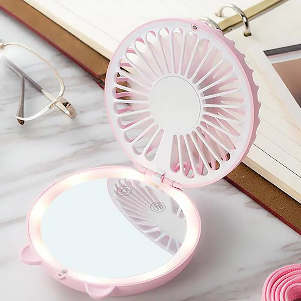 

Portable Handheld Mini Pocket Fan USB Rechargeable LED Light with Makeup Mirror Cosmetic Mirror with for Tabletop Bathroom Trave