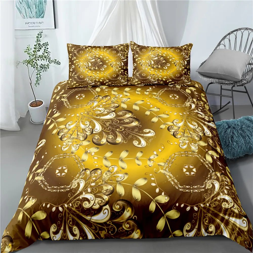 

Vintage Duvet Cover Set King Size, Golden vintage floral pattern, Luxury royal style Decorative 3 Piece Bedding Set