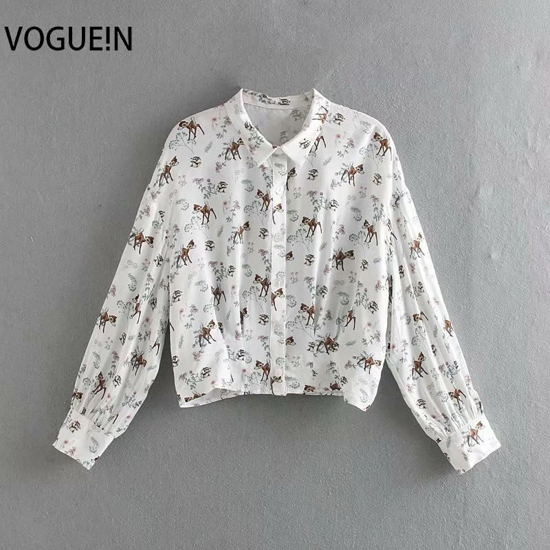 VOGUEIN Новый женский милый олень цветочный принт с длинным рукавом короткий топ