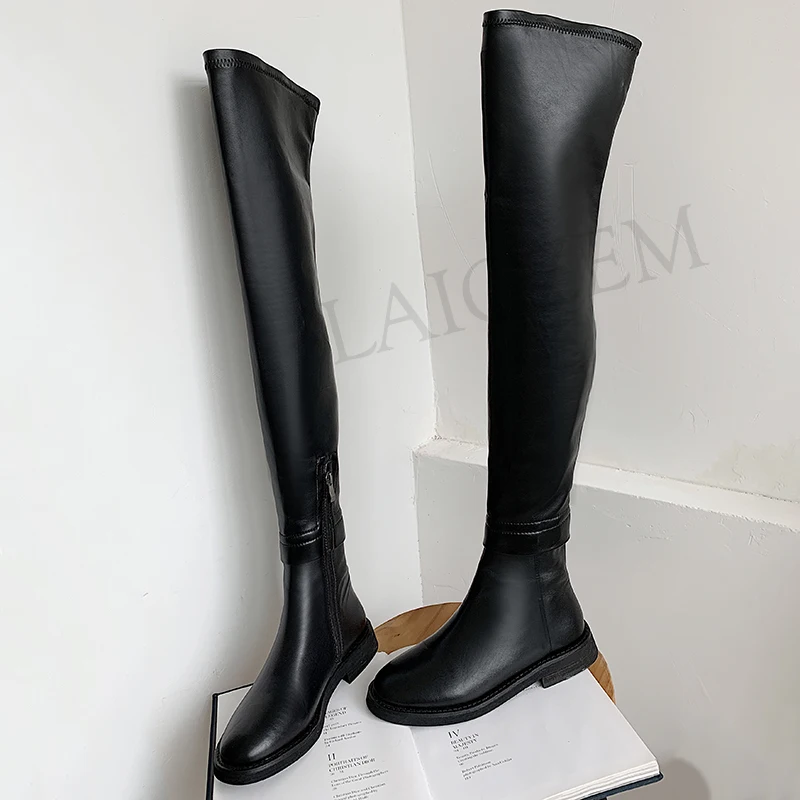 LAIGZEM/высокие сапоги до бедра сапоги из натуральной кожи на массивном каблуке 3 см/8 см с боковой молнией зимняя обувь женская обувь размер 33, 39, 40