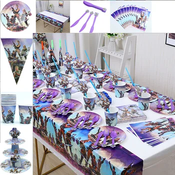 

Fortnites Game Party Theme Disposable Tablewares Set Kid Teens Birthday Party Fortress Night Decoration Napkin Paper Cup Gifts