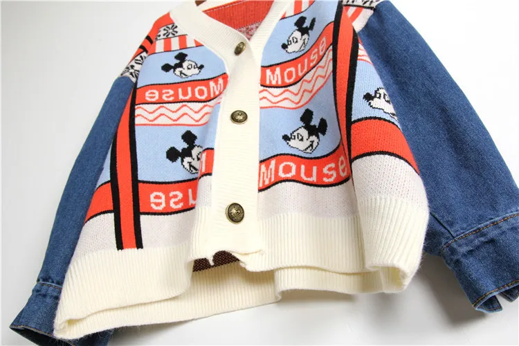 Mickey Cardigan Sweater Cartoon Loose Sweater Stitching Denim Sweater Coat Women Casual Sweater Cardigan Female Tops