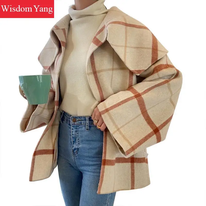 

Winter Coat Women Sheep Wool Coats Red Khaki Plaid Clothes Autumn Oversized Korean Woolen Jackets Plus Size Overcoat Outerwear