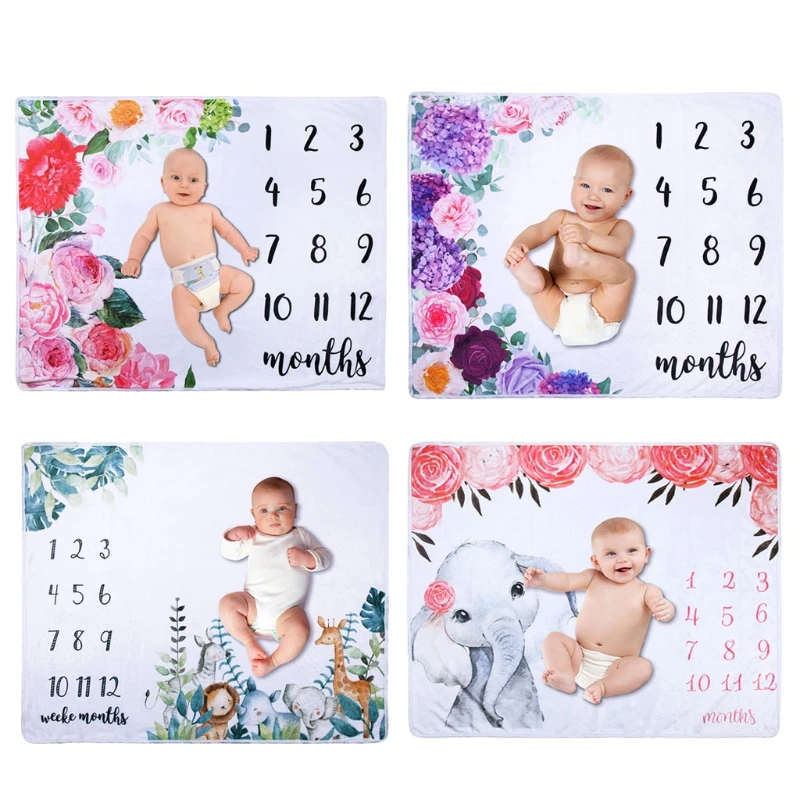 quilt cover Flannel Milestone Blanket Baby Photography Cute Elephant Flower Plant Background Cloth Newborn Monthly Photo Blanket Mat G99C white bedding