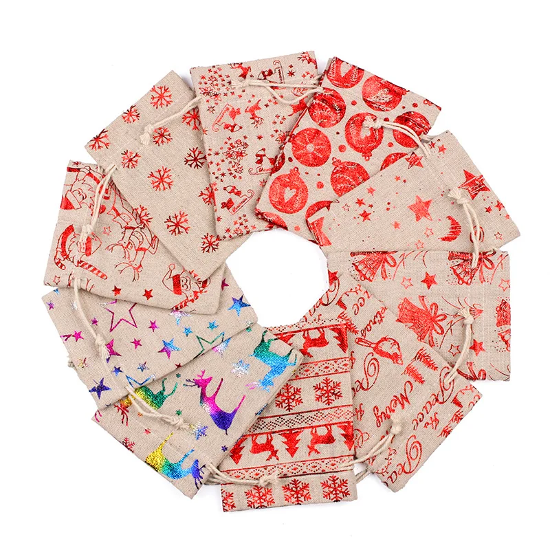 

Wholesale (50 pieces/lot) Linen Drawstring Storage Bag For Candy Merry Christmas Gift Package Style 2020 Happy New Year 10x14cm