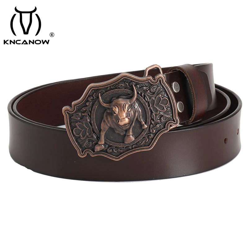 de cuero genuino Punk para hombre, hebilla de toro de aleación, diseño de diseñador, cinturón de cuero de vaca de alta gama para hombre, accesorios de correa Casuales|Cinturones de hombre| -
