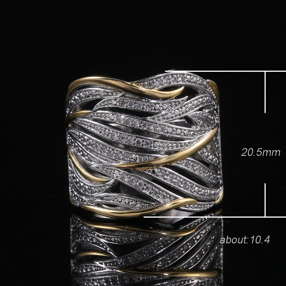 Huitan Two Tone Personality Women Ring Hollow Out Geometric Shape Lady Party Accessories Female Metallic Rings Fashion Jewelry