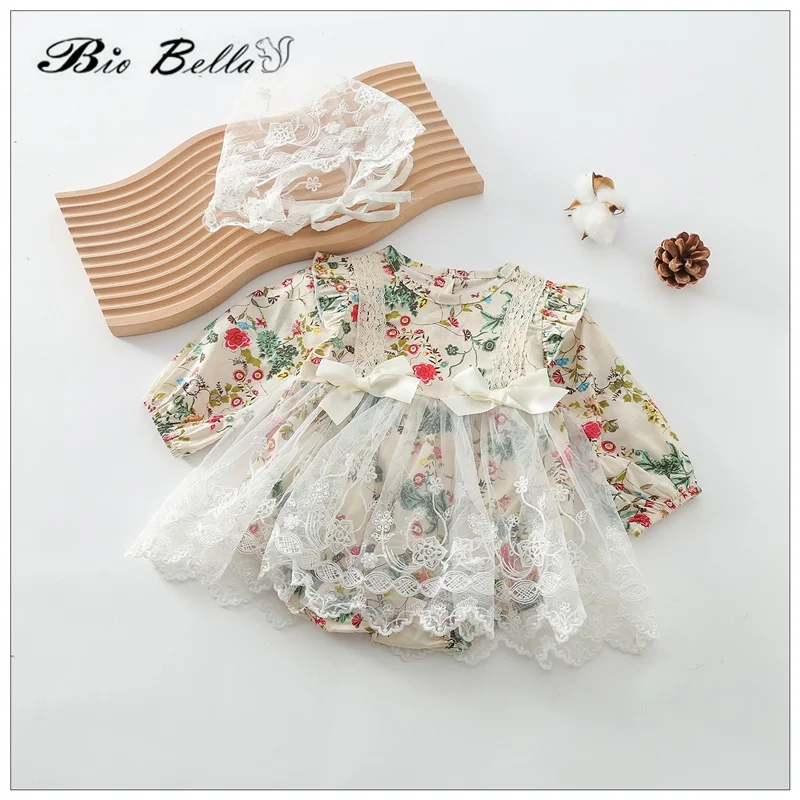 Biobella Baby Newborn Girls Clothing First Baptism Birthday 0-3 Year Girl Spring Autumn Clothes Cap+Romper Kids Priness | Детская одежда