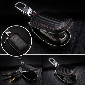 

black Leather+Alloy Smart Key Holder Cover Car Key Chain Bag Genuine Leather Remote Fob Zipper Case