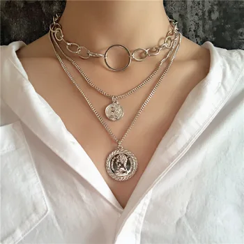 

INS Wind Harajuku Cool round Plate Multistory Necklace Japanese Korean Popular Brand Hiphop Hip Hop Couples S