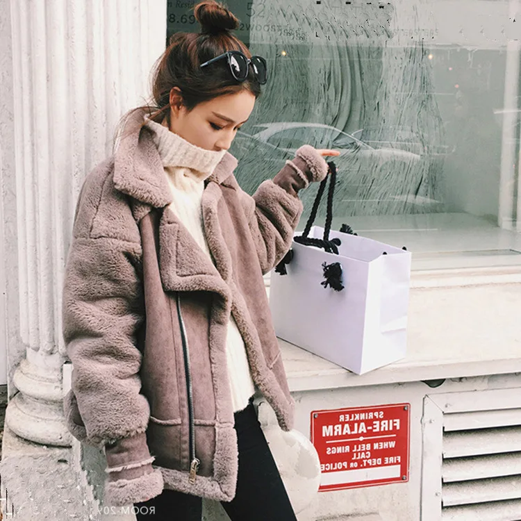 

Women Winter Oversize Thick suede Leather Lamb Jacket Motorcycle