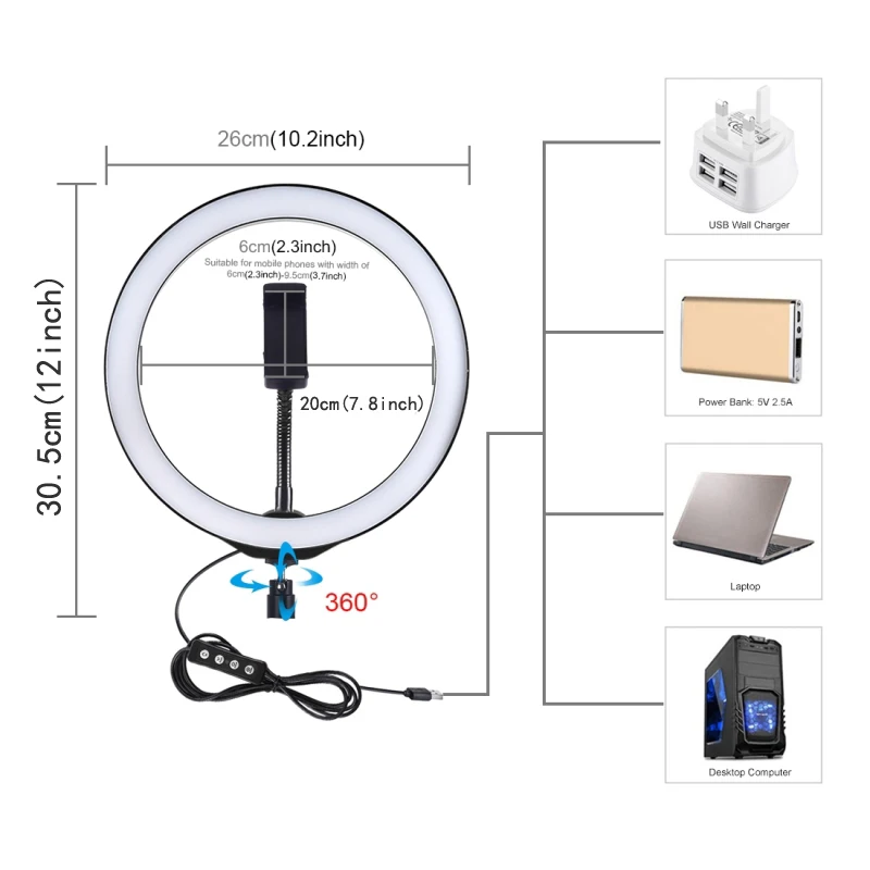 PU397 10,2 дюйма 26 см USB 3 режима Диммируемый светодиодный кольцевой светильник для видеосъемки с шаровой головкой штатива с холодным башмаком