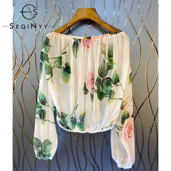 

SEQINYY Silk Top 2020 Summer Spring New Fashion Design Long Lantern Sleeve Pink Flowers Print Chiffon Crop Top