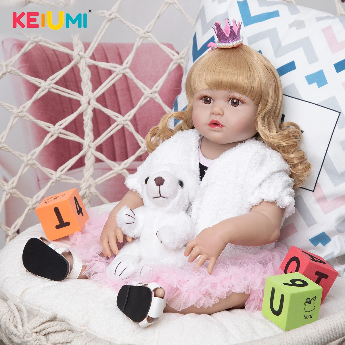 Keiumi Boneca Bebê Reborn 57cm Original Loira Corpo Silicone Banho
