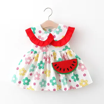 

Summer Baby Girls Sleeveless Floral Print Ruffles Lapel Collar Cute Dress Kids Infant Sundress + Watermelon Bag vestidos
