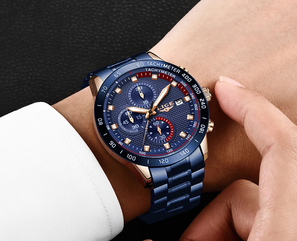 LIGE, новые модные мужские часы с нержавеющей сталью, Топ бренд, роскошные спортивные кварцевые часы с хронографом, мужские часы