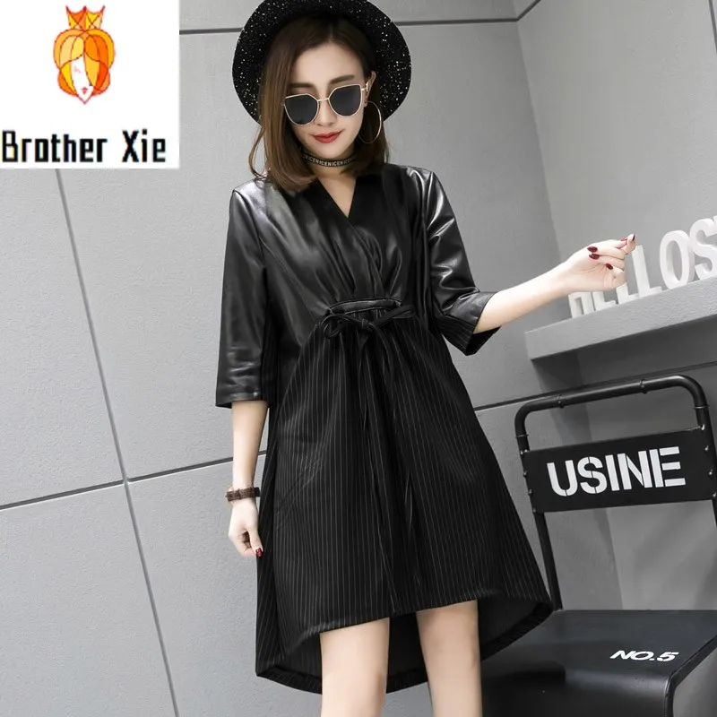 

New Fashion Women V Neck Patchwork Striped Dress Irregular Half Sleeve Sheepskin Genuine Leather Dress Ladies Lace Up Dresses