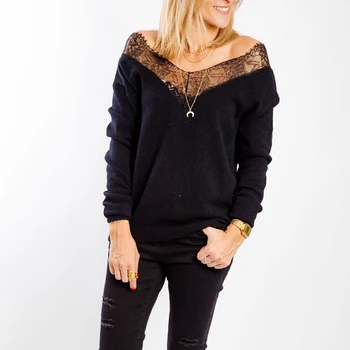 

Female V-neck Sexy Off-shoulder Hollow Lace Patchwork Ladies Thin Long-sleeved Sweater Women Solid Color Sweater Clothing Women