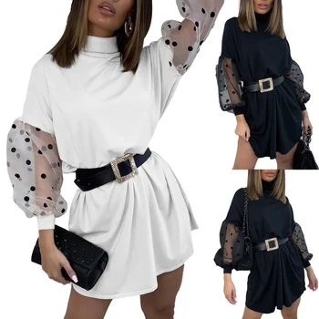 

Women Mesh Dot Mini Dress Puff Sleeve Winter Turtleneck Baggy Sweater Dress Spring Dress