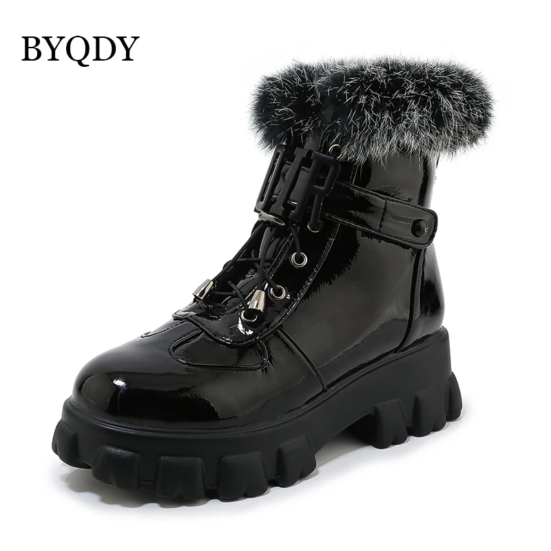 BYQDY Sexy Narrow Band Fur Leather Comfortable Round Toe Boots Quality Lace-up Square Heel Shoes Handmade Ankle Boot Size 34-46