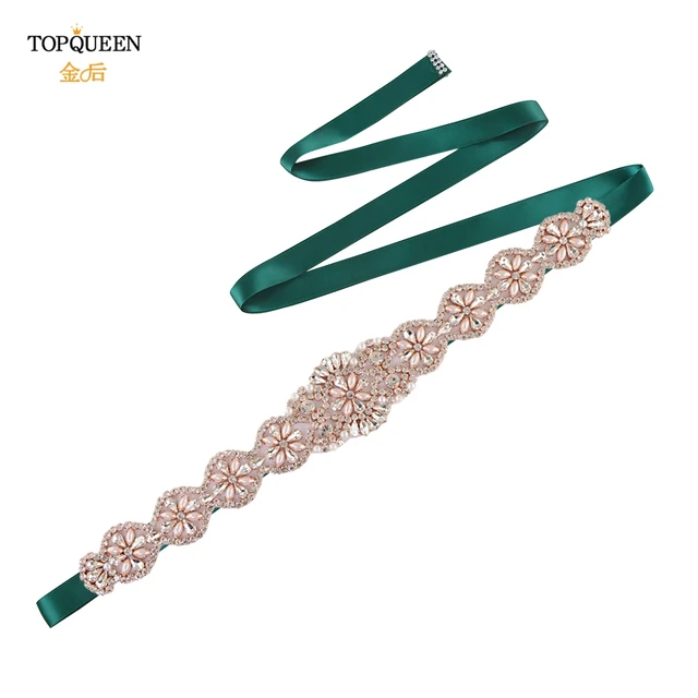TOPQUEEN S161-RG Bridal Wedding Rose Gold Party Belts for Women Fashion Rhinestone Ribbon Fancy Sash Formal Prom Dress Belt Drak green Ribbon