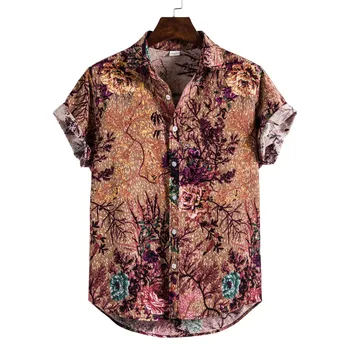 

Fashion Shirt Men Linen Ethnic Mens Blouse Short Sleeve Casual Printing Hawaiian Shirt Blouse рубашки мужские