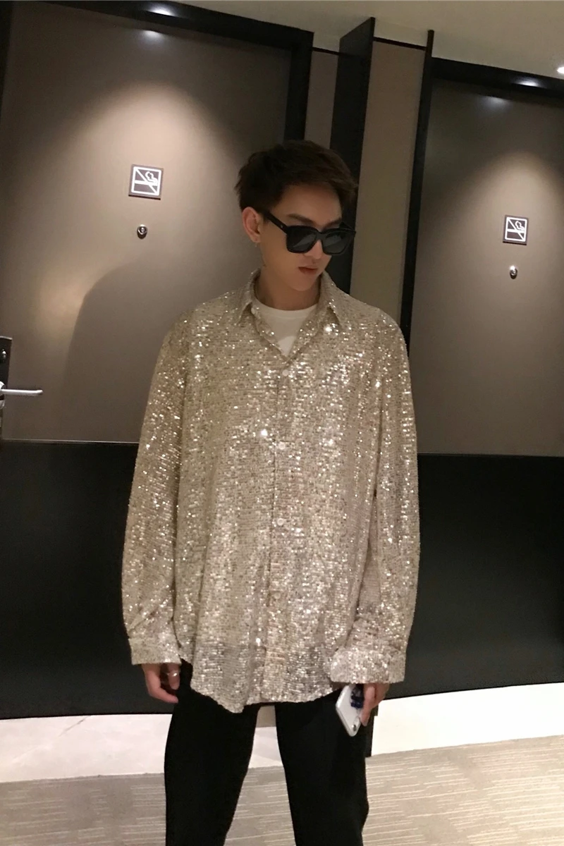 Новая мужская одежда мода DG hairstylist тяжелая промышленность ручной работы вышитые блестками Свободная рубашка с длинным рукавом