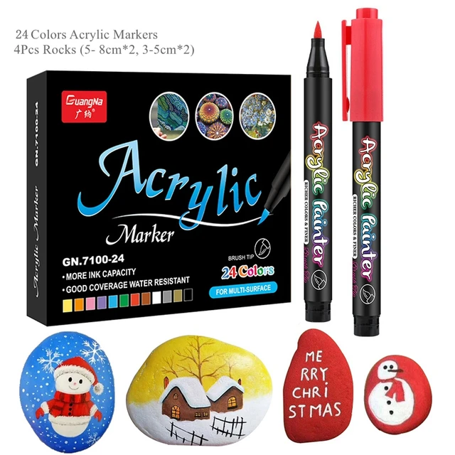36 Colors Acrylic Paint Pens Acrylic Brush Marker Pens for Rock Painting, Stone, Ceramic, Glass, Wood, Canvas ,DIY Card Making. 24 pens-4 stones