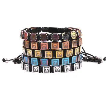 New Fashion 8MM square skull cross printed hematite beads braided friendship women men macrame bracelet bangle