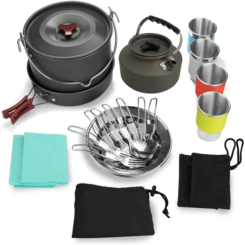 Lightweight Camping Cookware Backpacking Folding Mess Kit Pot Pan Cup Fork 