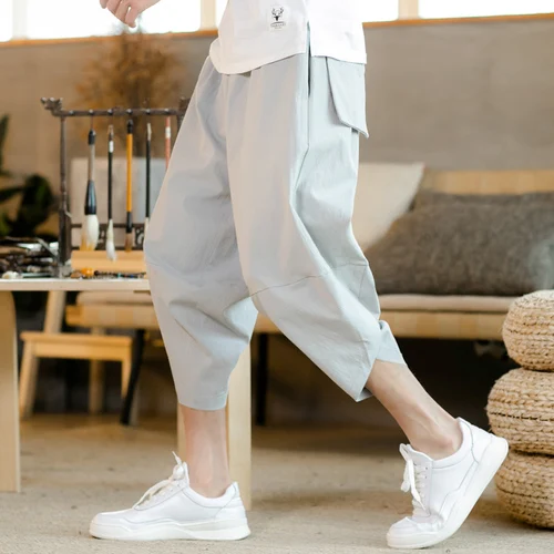 Light Grey Sinicism мужские брюки хлопковые шаровары повседневные брюки мужские эластичные талии широкие Лоскутные льняные брюки Капри S-5XL - Цвет: Light Grey