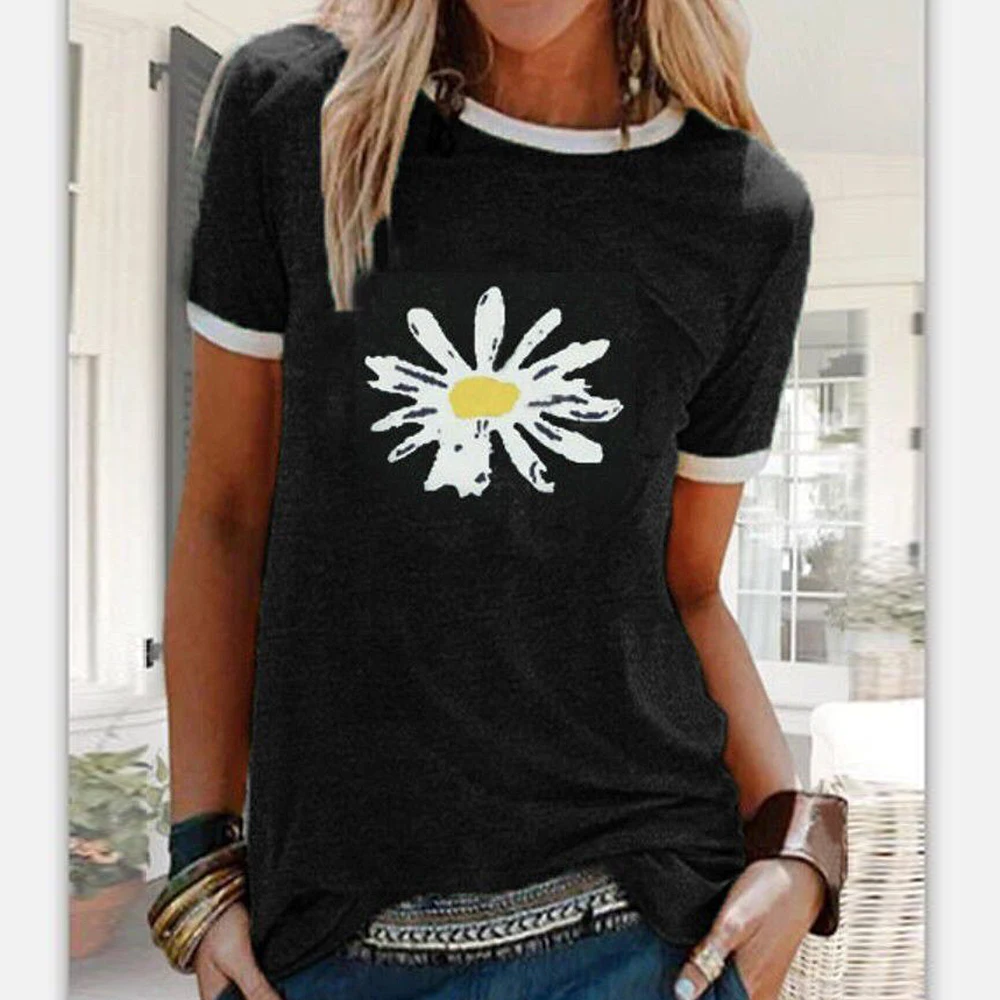 CYSINCOS Women Flower T-shirts Lady Fashion Short Sleeve Clothes Summer Shirt Top Tee O Neck Female Ladies Womens Tee T-Shirt